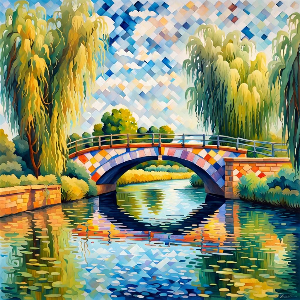 Patchwork River Scene in Neo-Impressionist Gouache Style