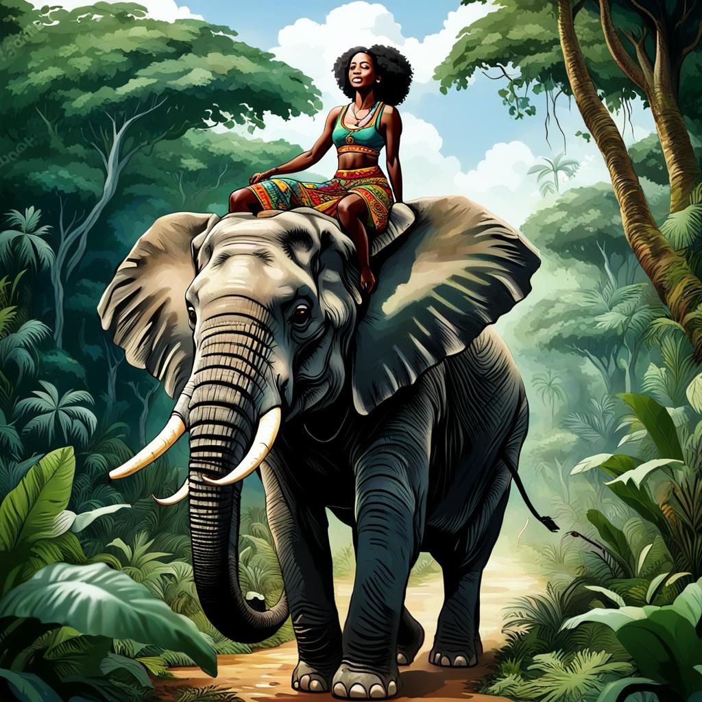 Black Woman Riding Elephant in African Jungle