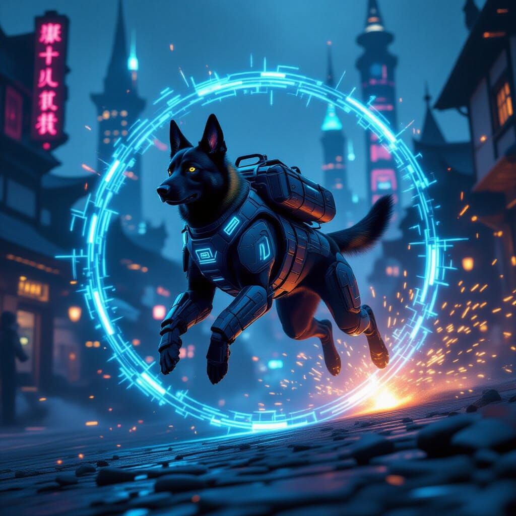 Armored Belgian Malinois Leaping Through Cyberpunk Portal