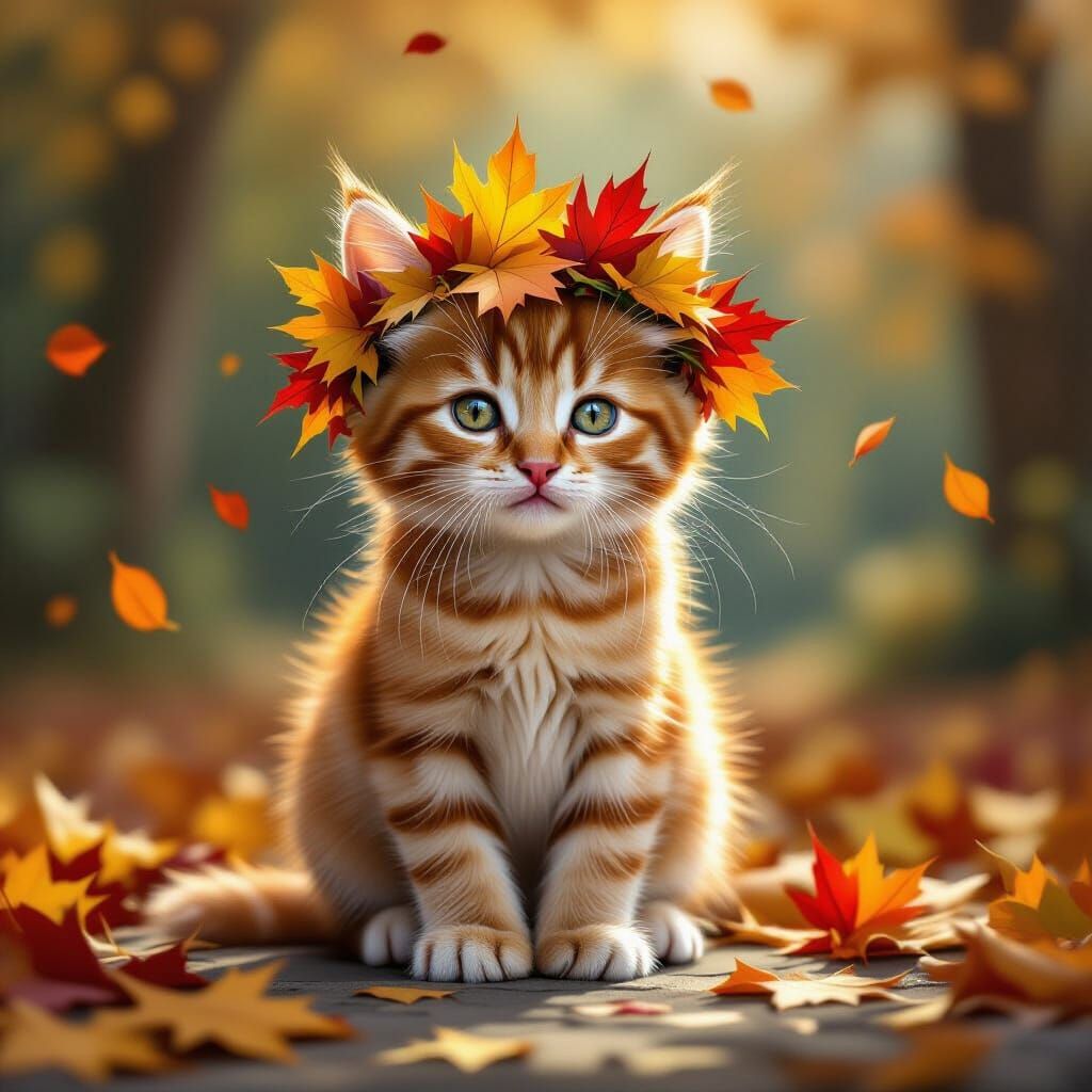 Ginger Kitten Crowned in Autumn Leaves