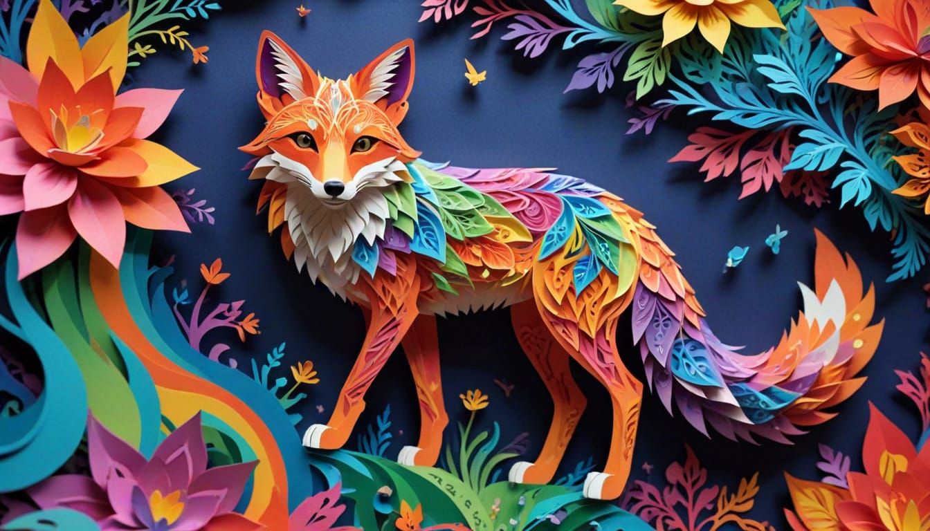 Rainbow Fractal Fox in Psychedelic Paper Cut Style