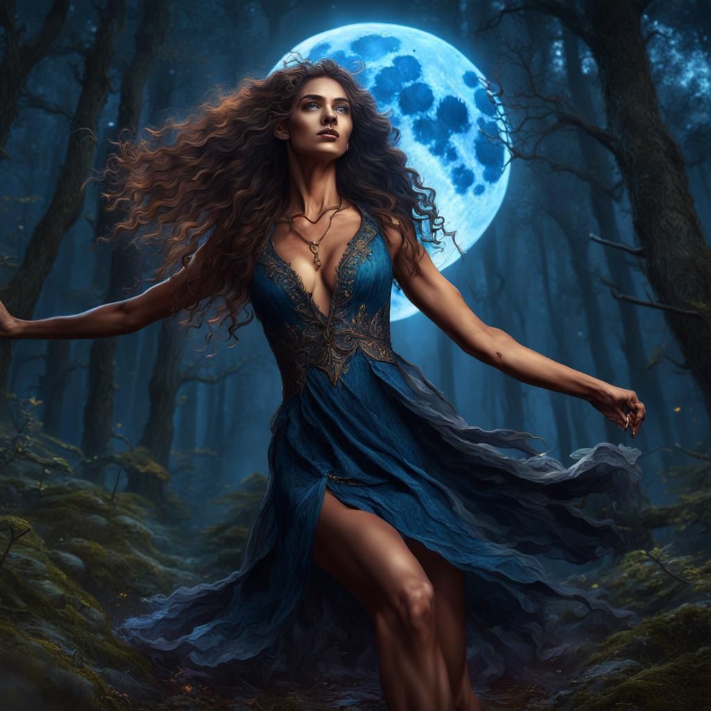 Nature Witch Dancing Under the Moon in Fantasy Art