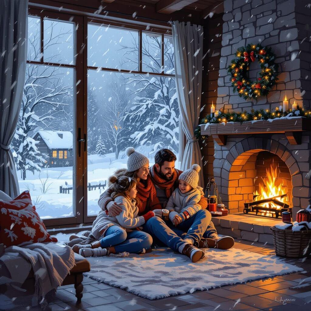 Family Cozy Hall Fireplace Amidst Snowstorm in Contemporary ...
