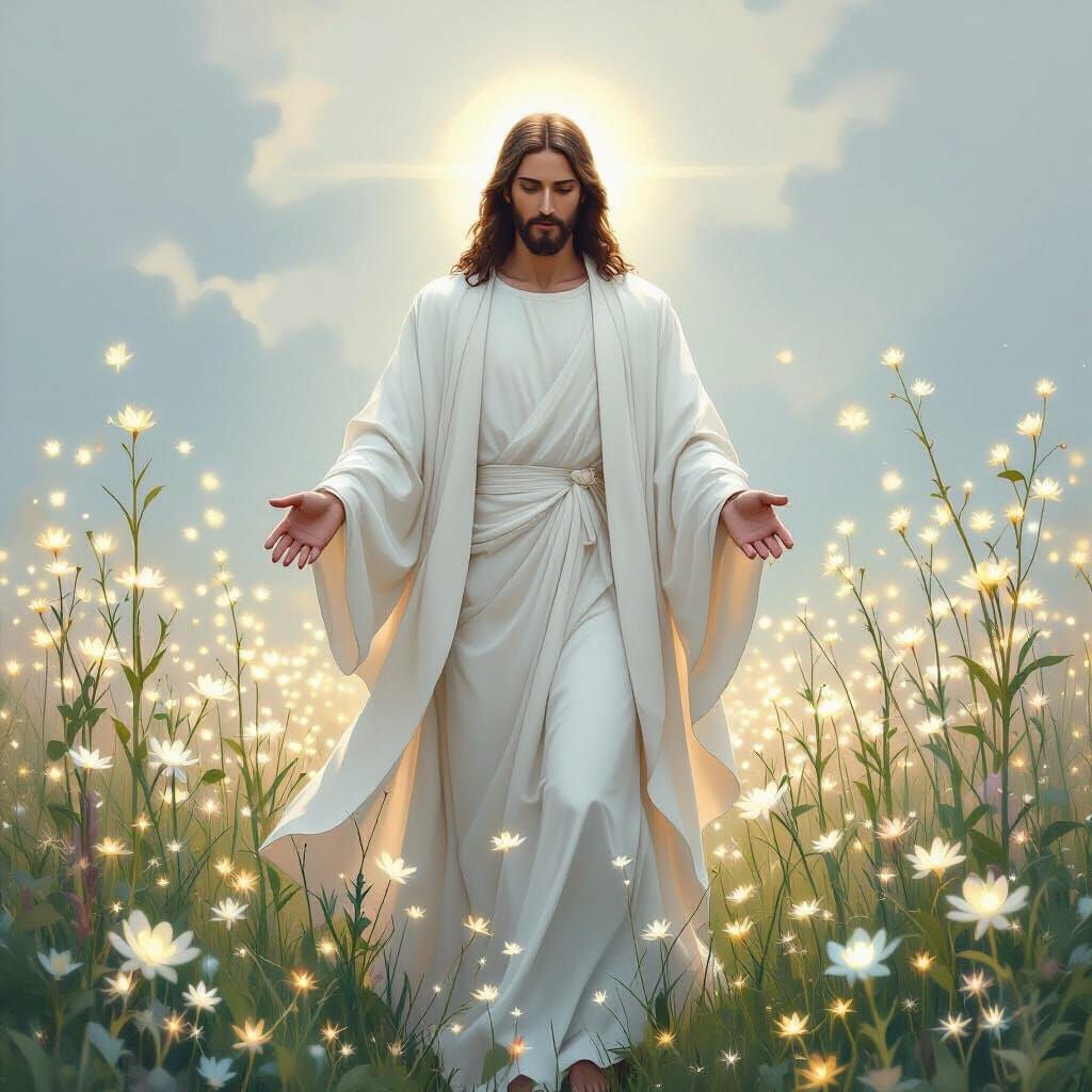 Jesus Christ in Regal Robes Amidst Bioluminescent Flora