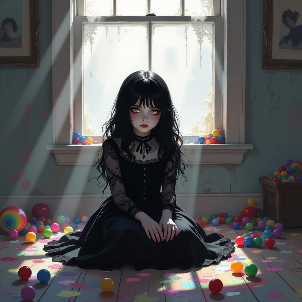 Gothic Girl in Vibrant Toy-Filled Room