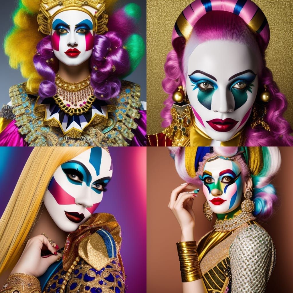 Venetian Harlequin Clown Portrait with Gold Embellishments