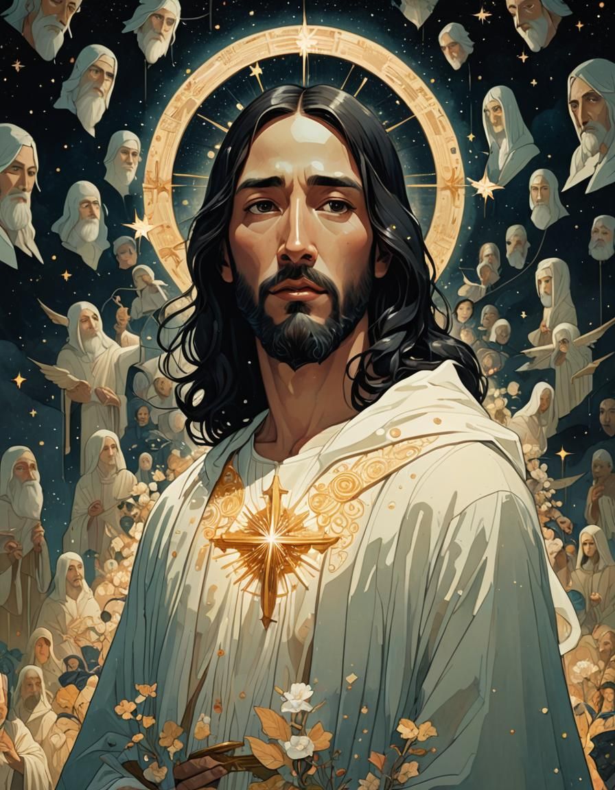 Luminous Jesus Christ Portrait in Victo Ngai Style