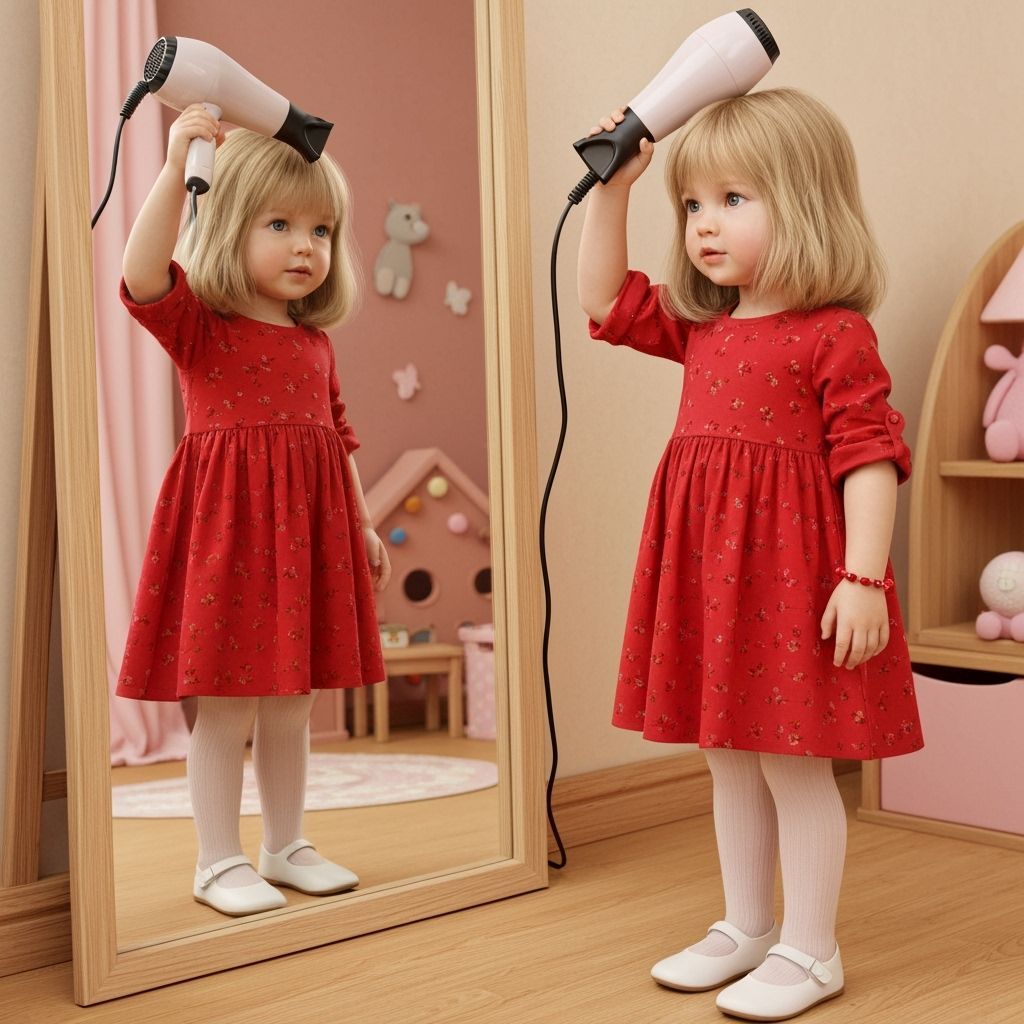 Realistic Girl Drying Hair in Mirror, Children's Room