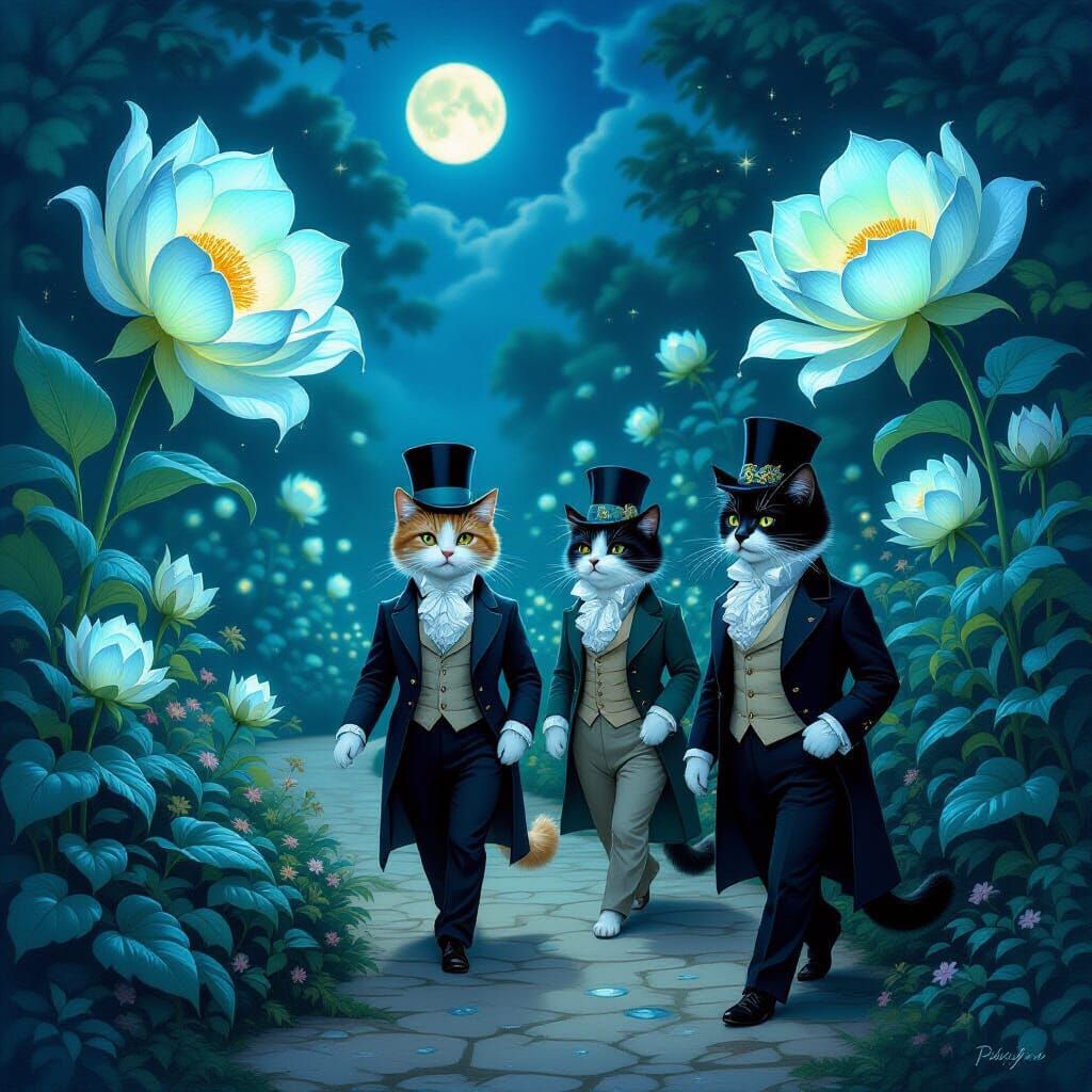 Cats in Parisian Attire Strolling Through Moonlit Garden