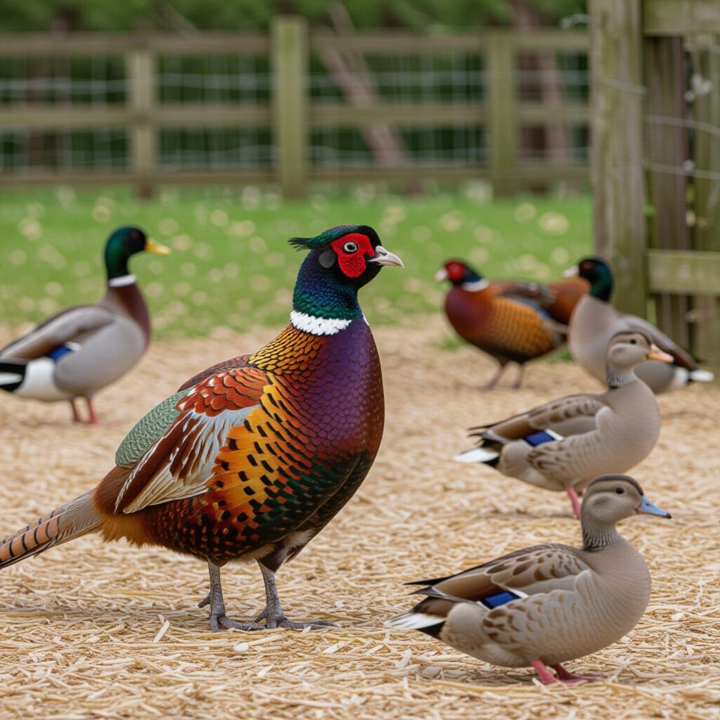 Pheasant and Wildfowl in Farmyard Scene