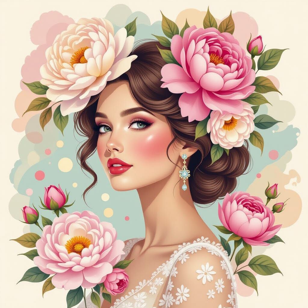 Whimsical Woman Surrounded by Peonies in Watercolor
