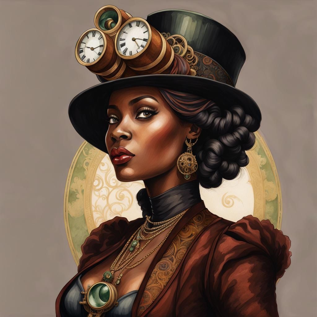 Elegant Steampunk Nigerian Woman in Watercolor Painting