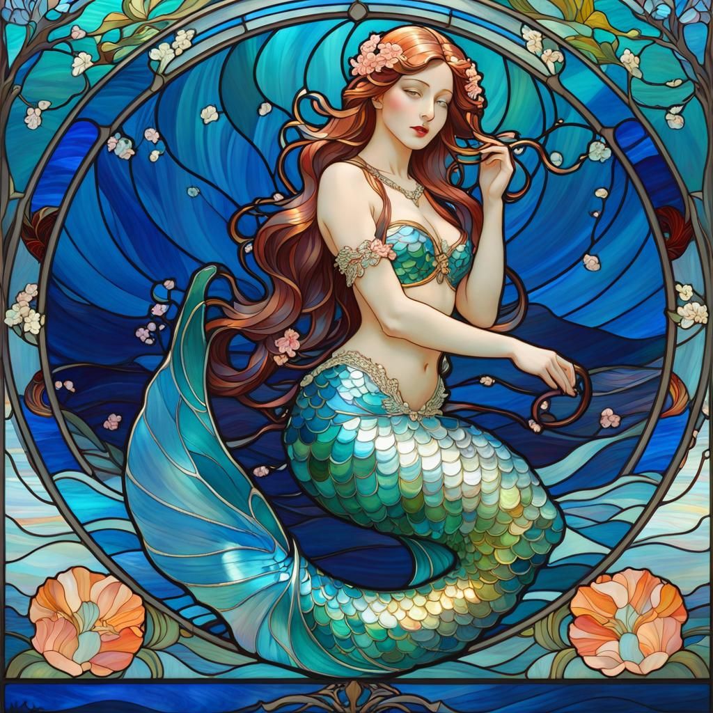 Stained Glass Mermaid in Art Nouveau Style