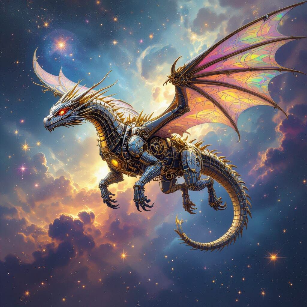 Clockwork Dragon Soaring Through Multicolored Nebula