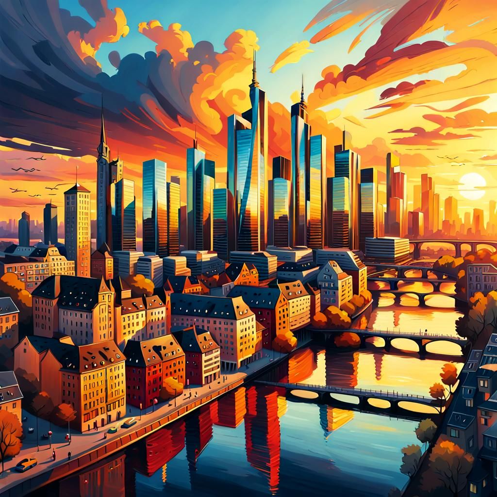 Frankfurt Cityscape Oil Painting at Sunset