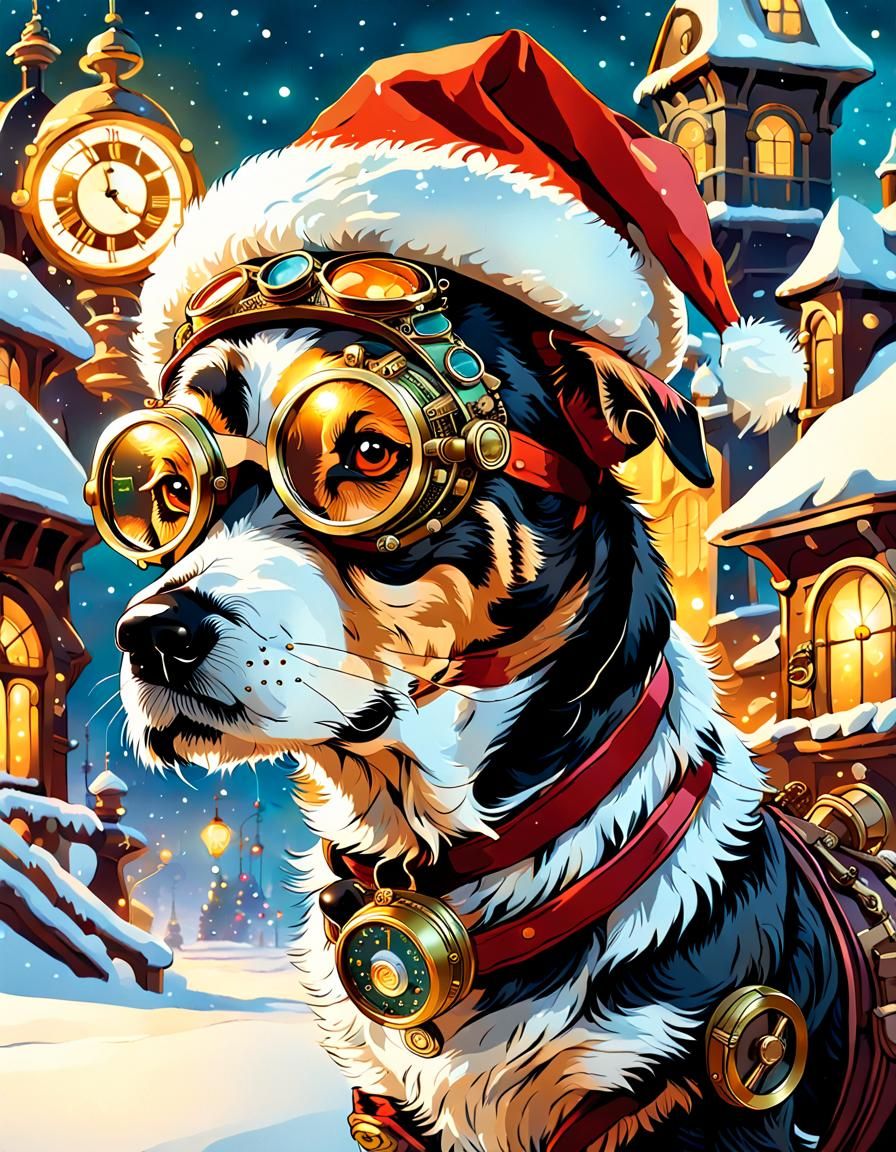 Steampunk Christmas Dog in Intricate Brass Details and Coppe...