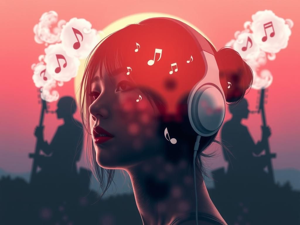 Japanese Woman with Headphones and Music Notes