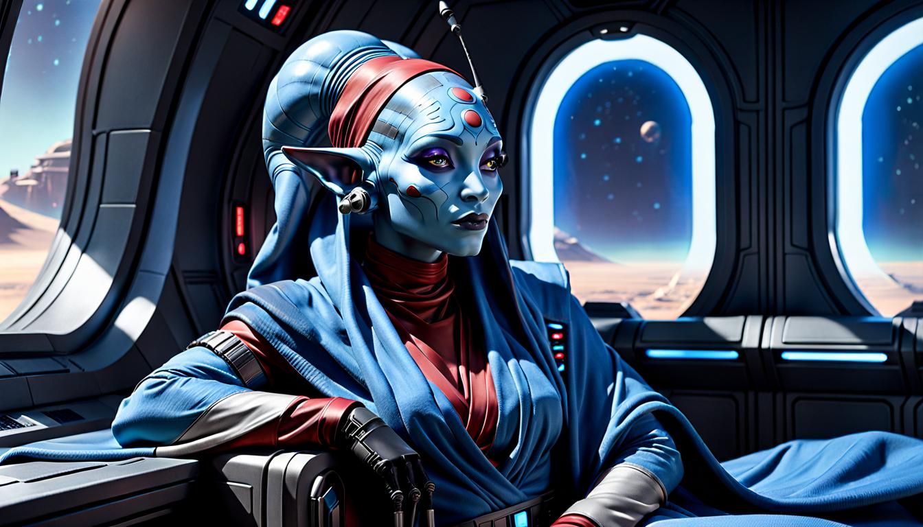 Twi'lek Woman Relaxing in Futuristic Room