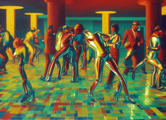 Robots Disco Dancing in the 70s: Detailed Concept Art