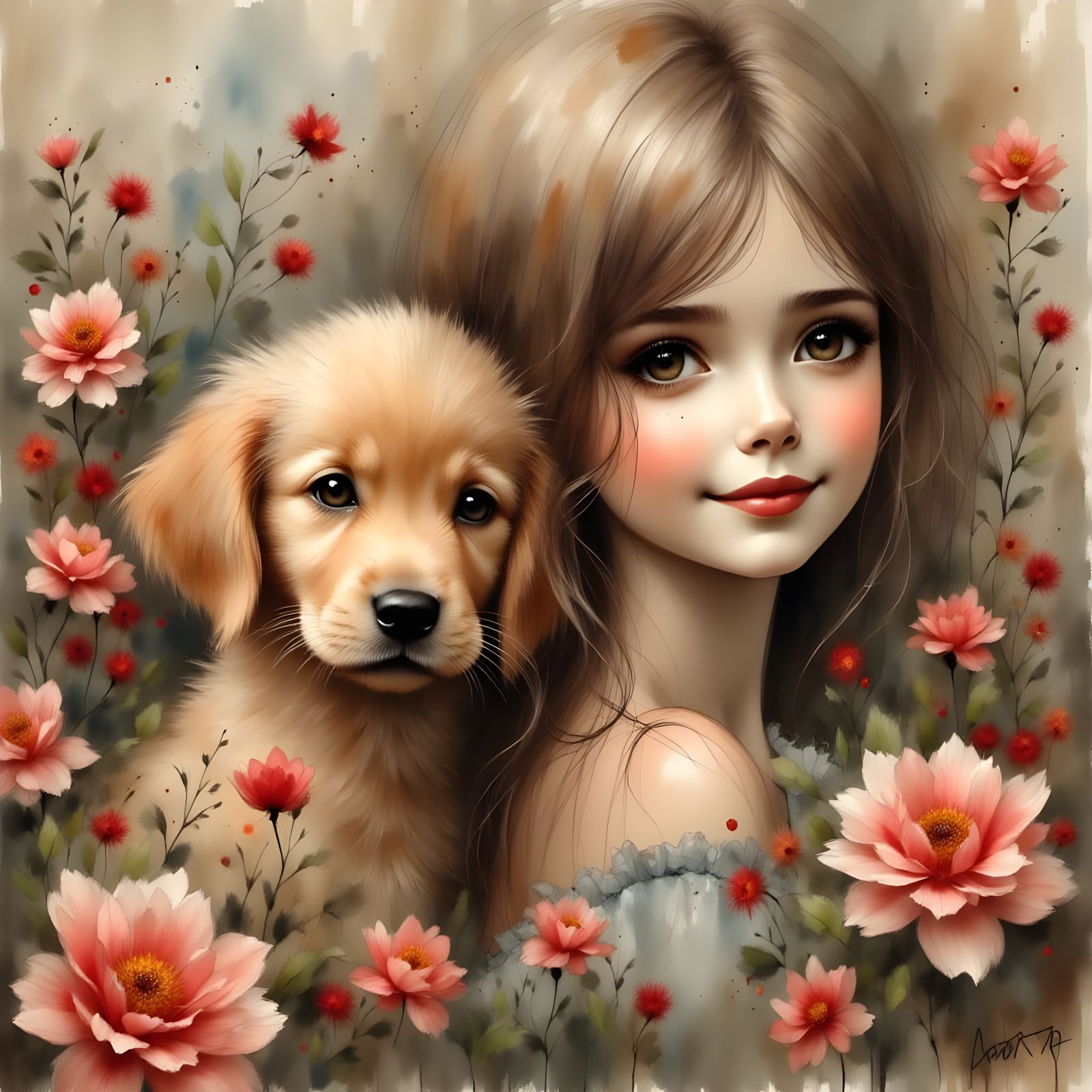 Whimsical Portrait of Mother Golden Retriever and Puppy in a...