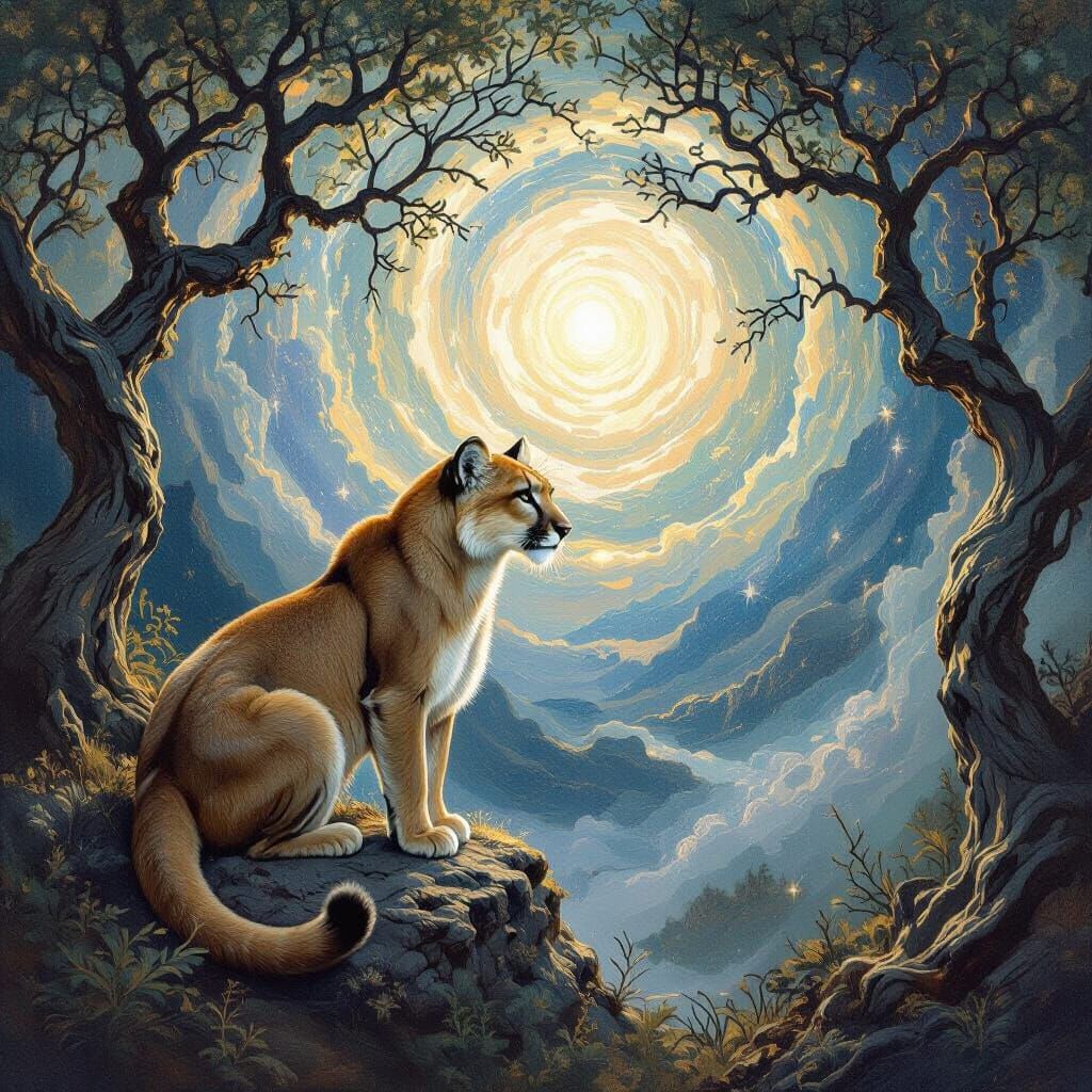 Cosmic Mountain Lion in Pre-Raphaelite Style