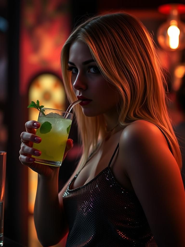Blonde Woman Drinking Mojito in Dimly Lit Bar