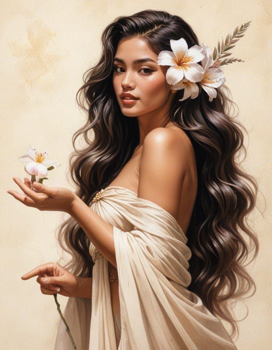 Vibrant Fantasy Hula Girl Admiring Flower in Fluid Art Style