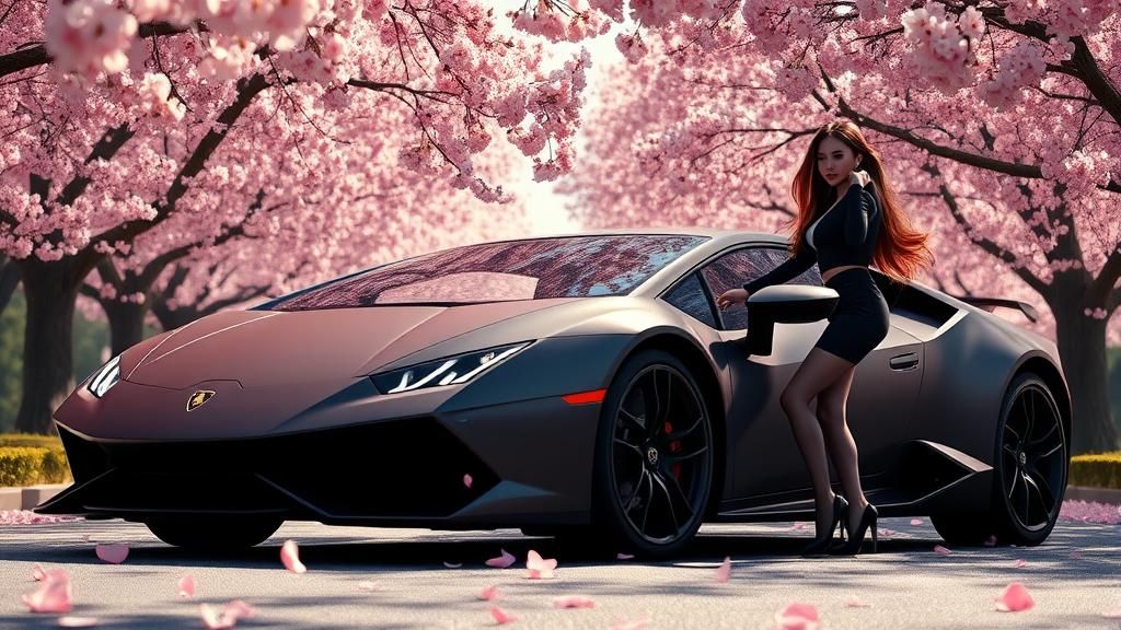 A sleek, matte-black Lamborghini parked under a canopy of ch...