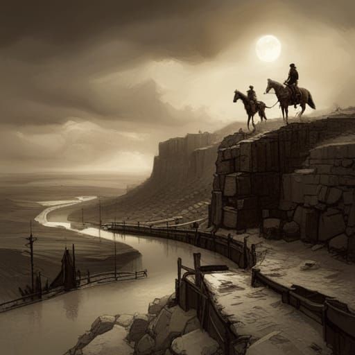 Settlers on Oregon Trail with Polaroid Cameras