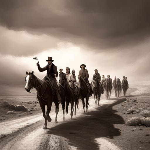 Settlers on Oregon Trail with Polaroid Cameras