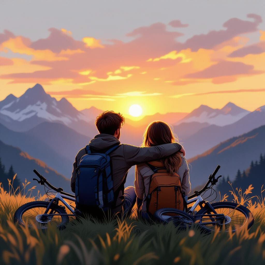 Young Couple Watching Sunset in Mountains