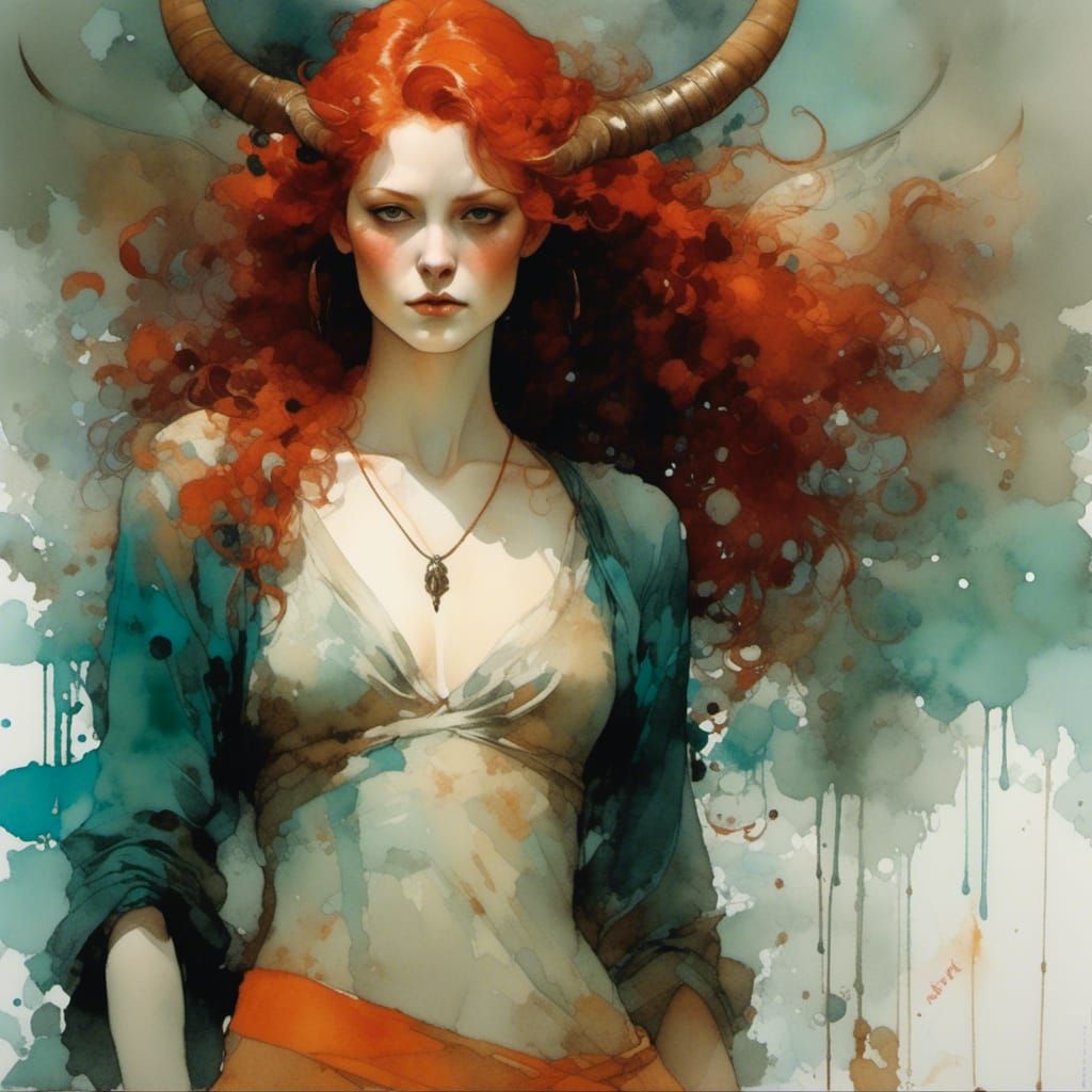 Red-Haired Horned Woman: Pre-Raphaelite Watercolor Painting