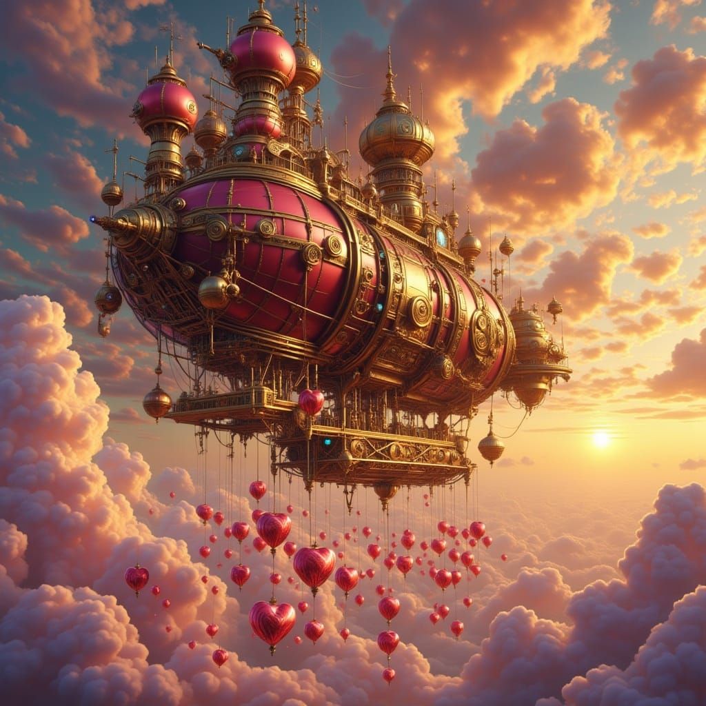 Steampunk Airship Drops Hearts Over Fantastical Landscape