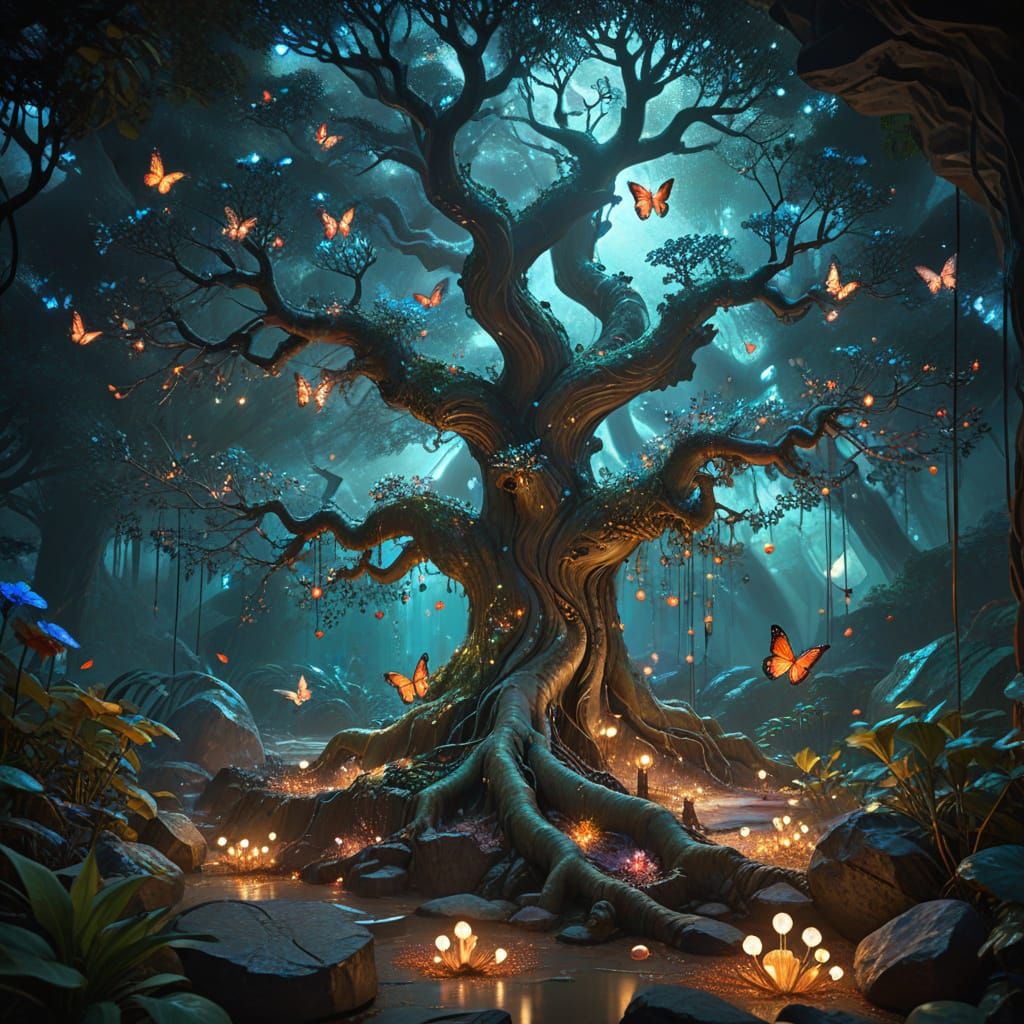 Zen Garden in Ancient Tree with Crystalline Roots