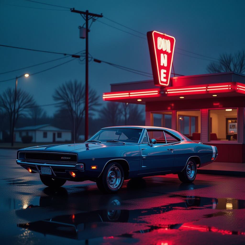 Vintage Blue Dodge Charger at Neon Diner