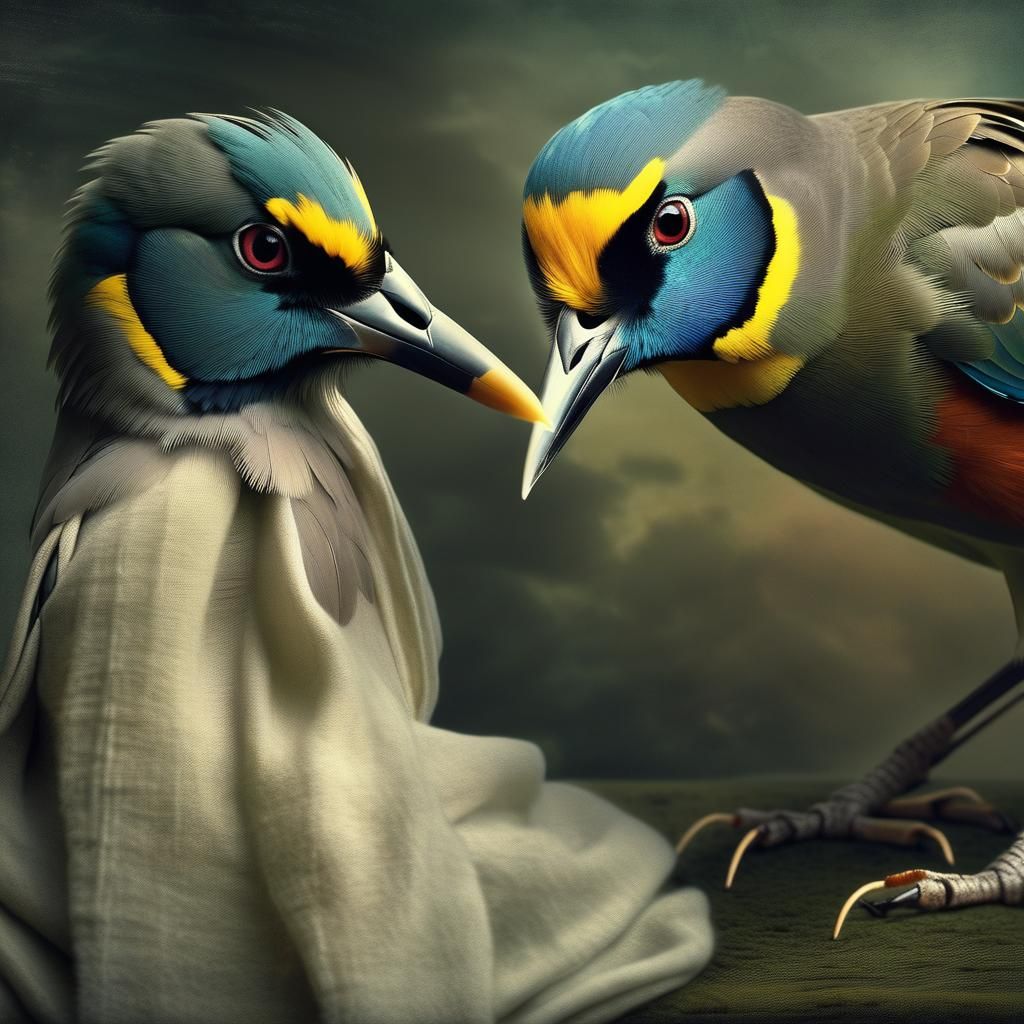 Exotic Birdlike Aliens with Pets, Surreal 3D Render