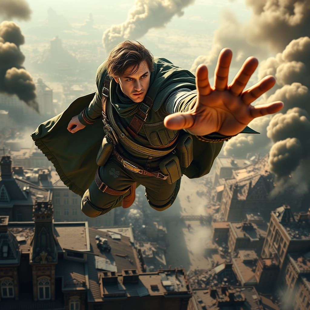 Elite Soldier Soaring Above Battlefield in Dramatic Action