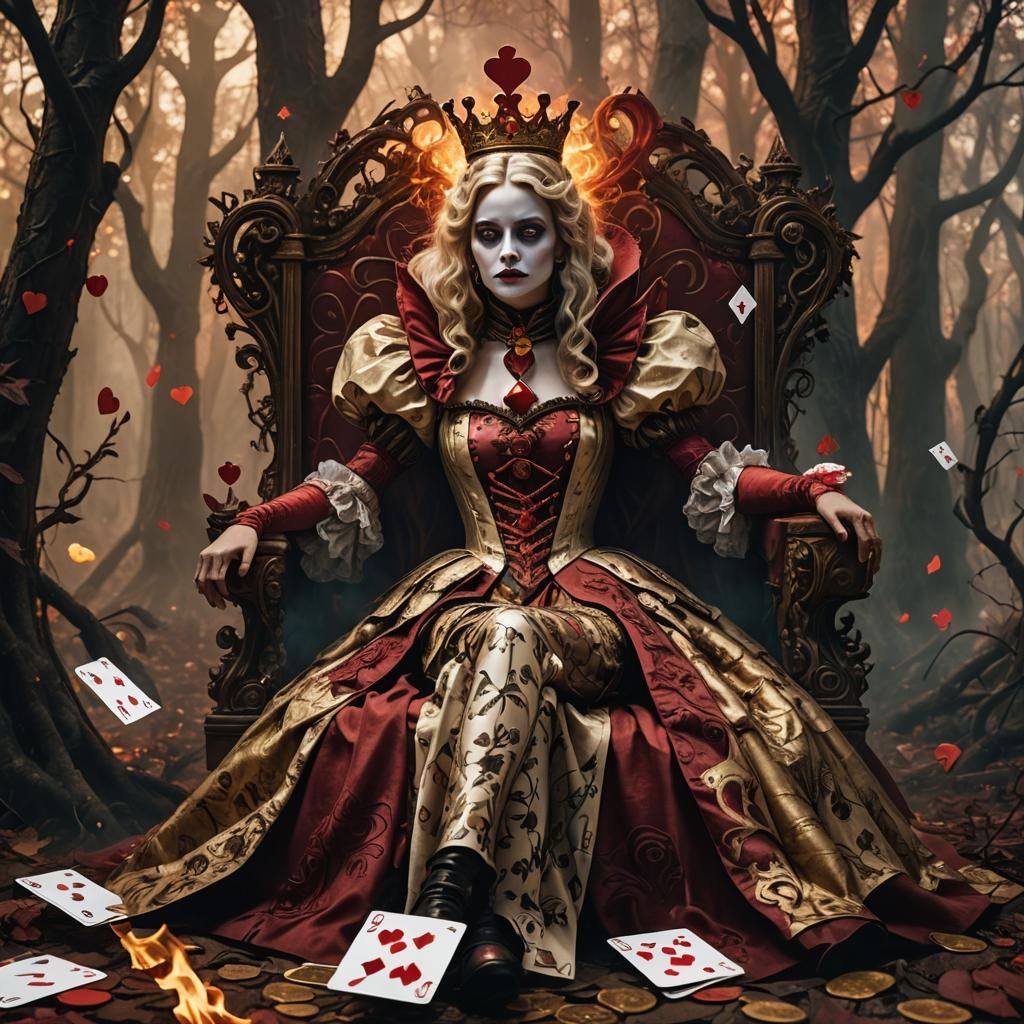 Queen of Hearts in Twisted Forest: Surreal Digital Art
