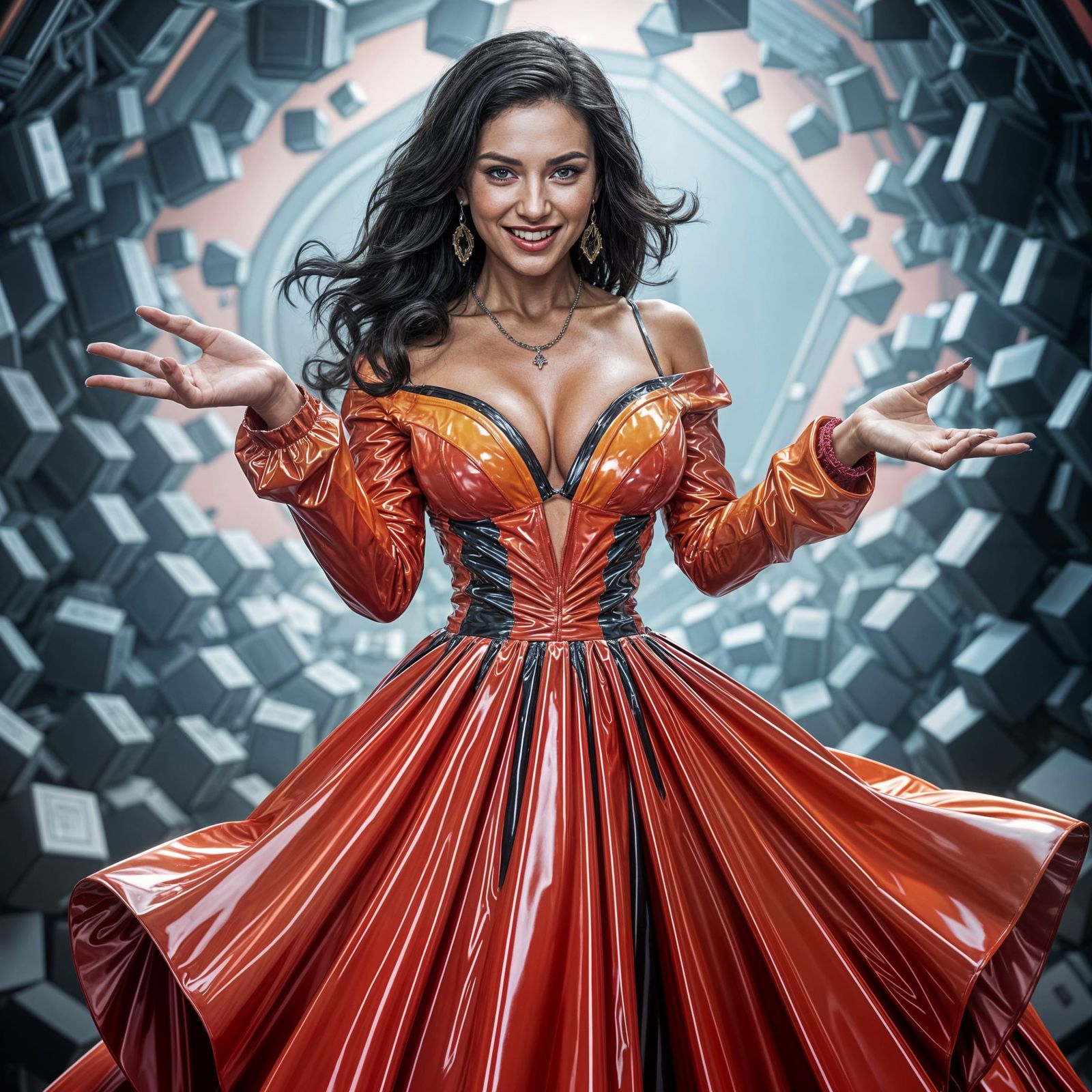 Hyperrealistic Woman in Glossy Latex Dress