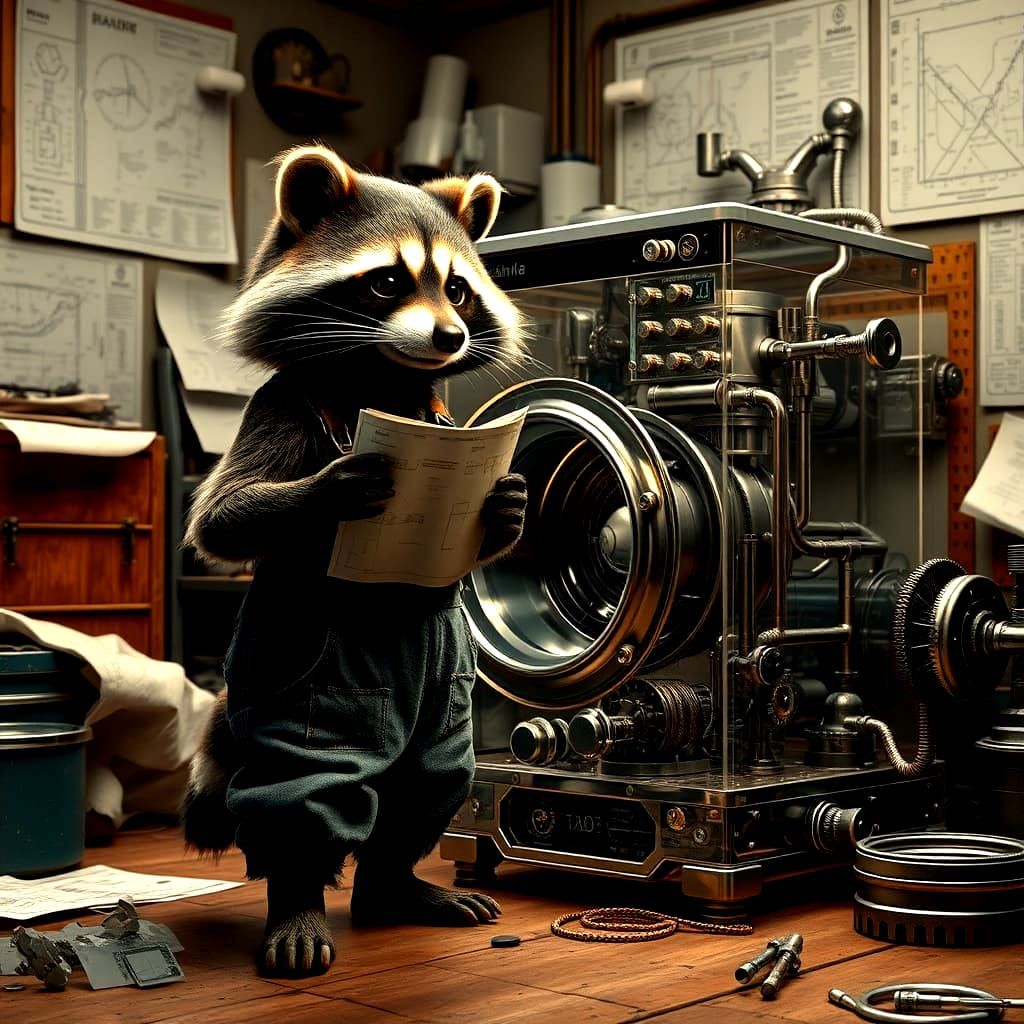 Inventive Raccoon Tinkerer Works on Futuristic Washing Machi...