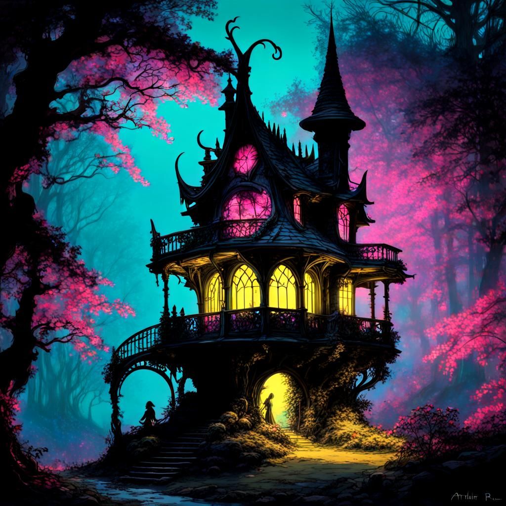 Exquisite fantasy fairy house, neon silhouette, by Arthur Ra...