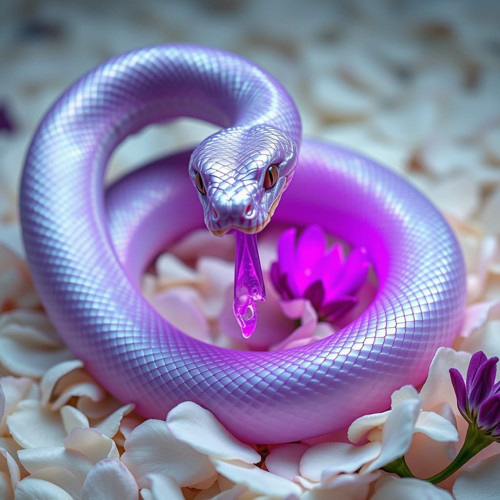Lilac Venom Snake Coiling on Pale Petals