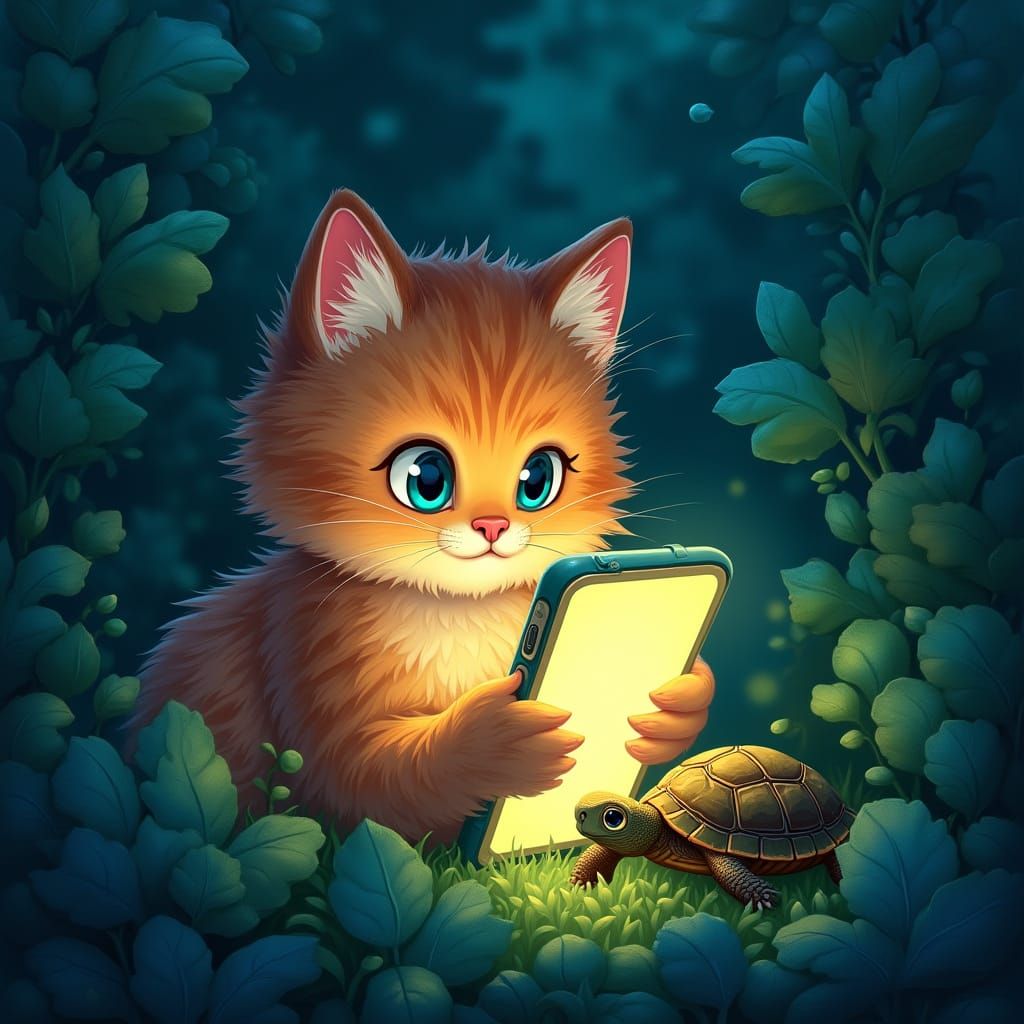 Fluffy Cat and Turtle with Glowing Phone
