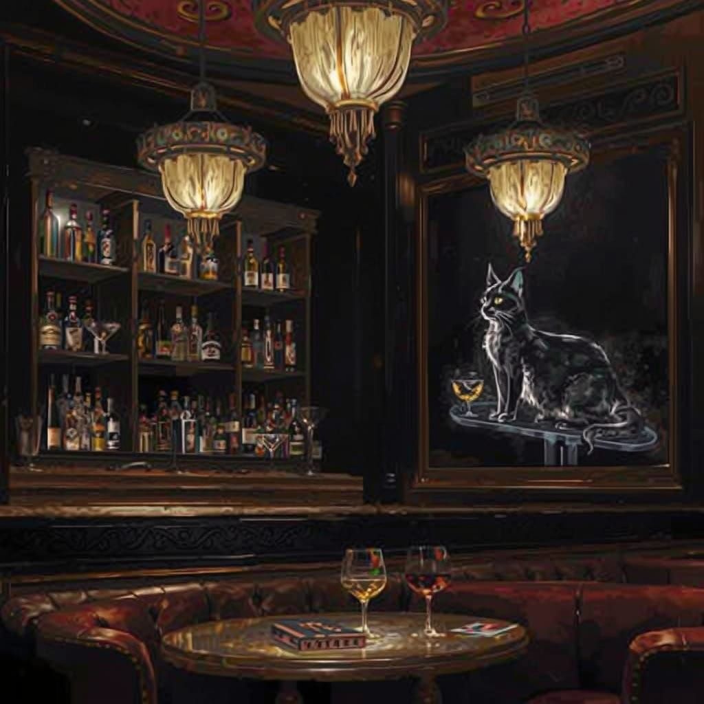 Speakeasy Scene with Black Cat in Watercolor Style