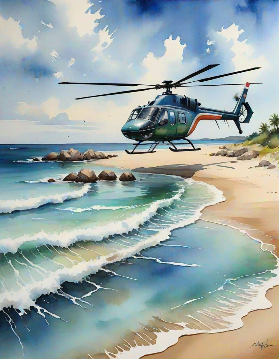 Helicopter Over Beach: 3D Watercolor Impasto