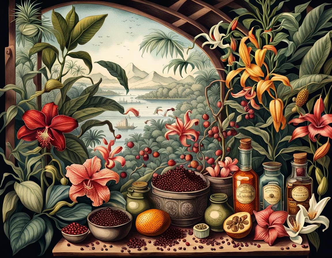 Vintage Botanical Illustration of Tropical Spice Trade