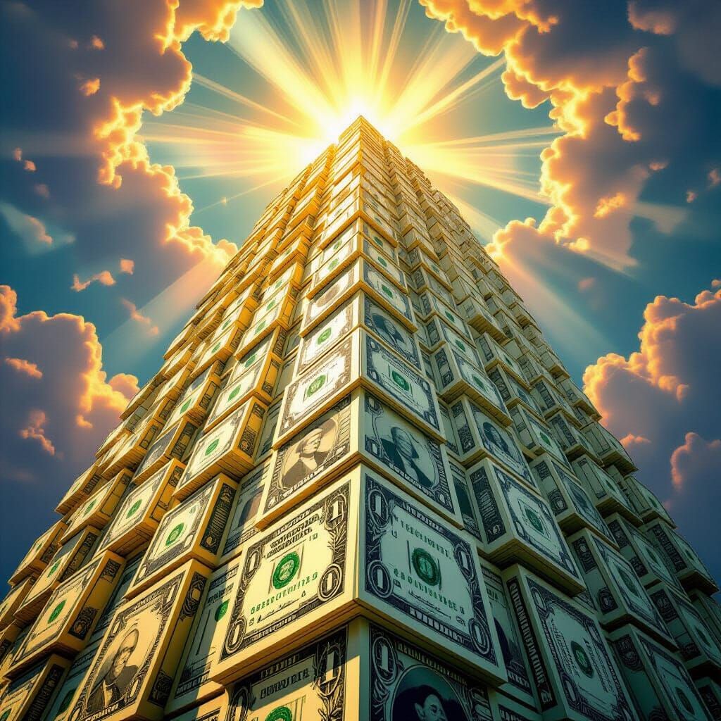 Surreal Skyscraper of Bank Notes Gleaming in Golden Hour Lig...