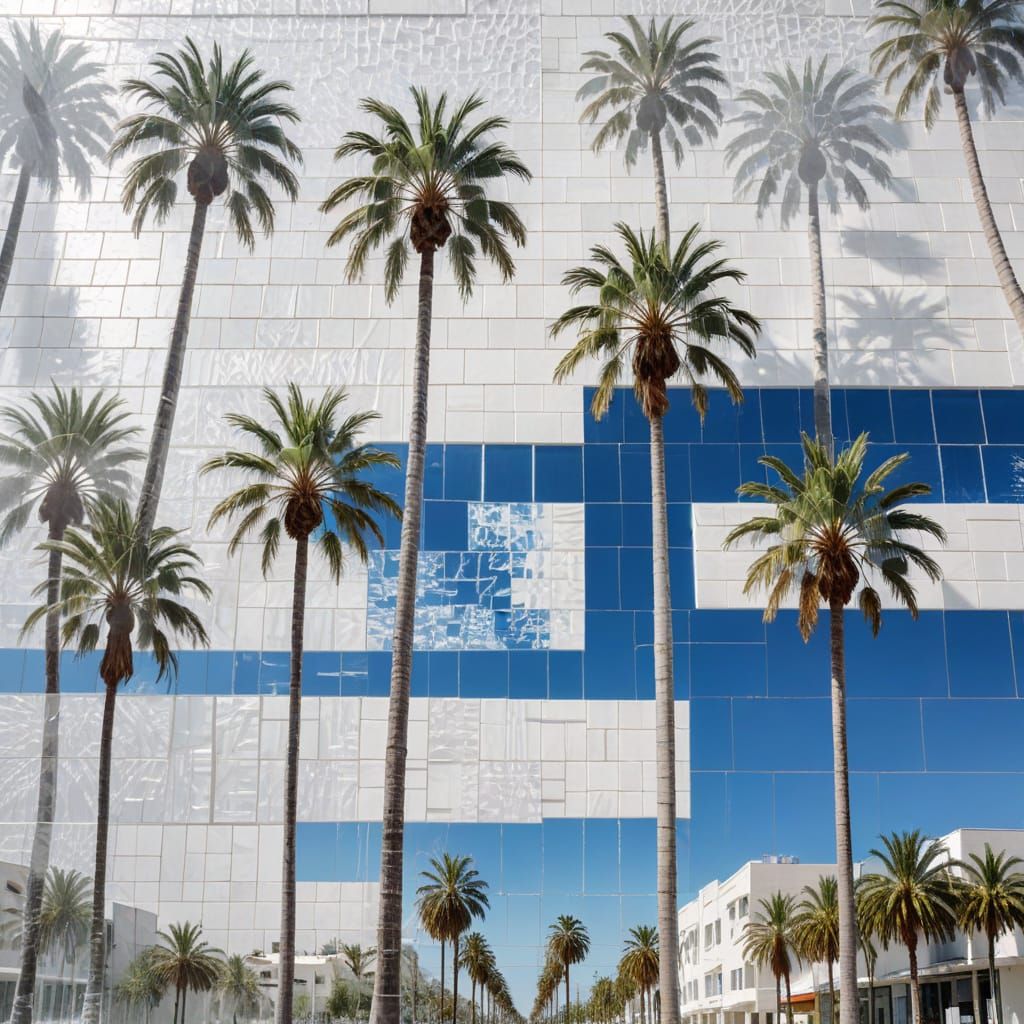 Transparent Glass Palm Trees in White Tiled Suburb
