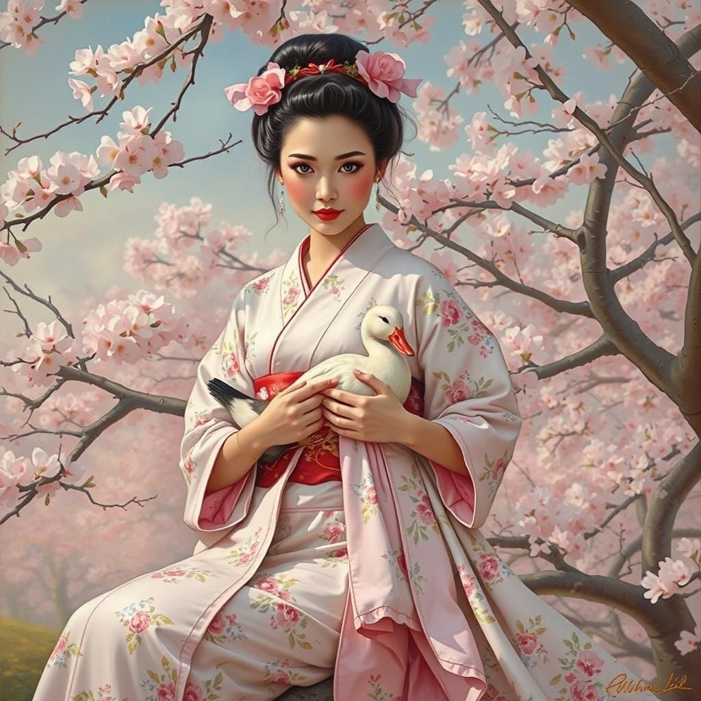 Geisha in Cherry Tree, Retro Pin-Up Style
