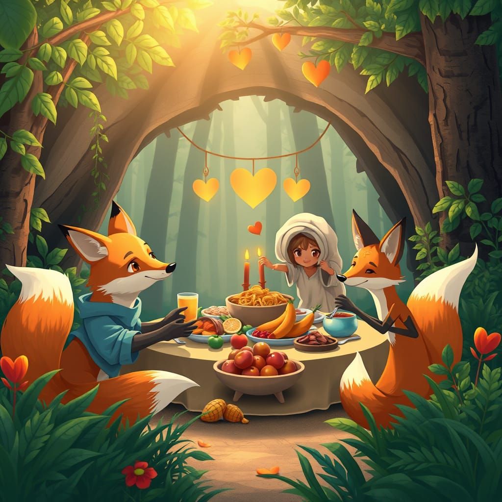 Fox Family Banquet in Whimsical Woodland
